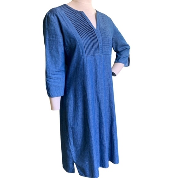 Reba Blue 100% Cotton Chambray Shift  Dress Sz S Pleated Bodice V-Neck #257A - Picture 3 of 5